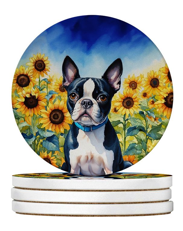 Boston Terrier In Sunflowers Large Sandstone Coasters Pack Of 4 Absorbent Round Coasters Decor Gifts For Men Or Women, 4 In, Multicolor_maomaolike.com