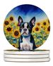 Boston Terrier In Sunflowers Large Sandstone Coasters Pack Of 4 Absorbent Round Coasters Decor Gifts For Men Or Women, 4 In, Multicolor_maomaolike.com