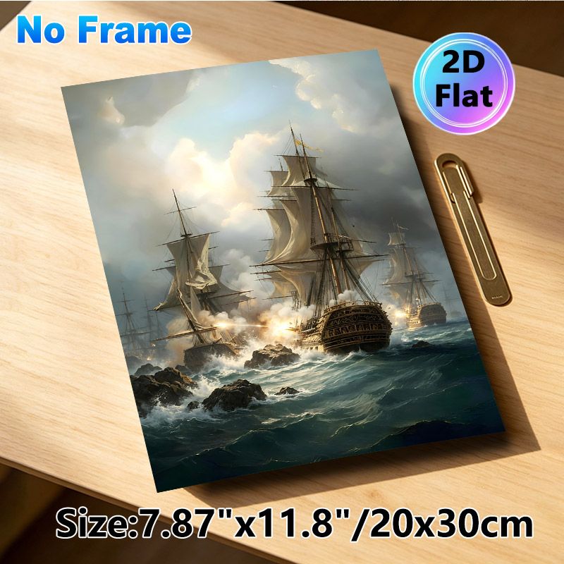Naval Battle Painting Poster, Dramatic Realistic Vintage Warships Combat Scene Poster, Captivating Historical Nautical Decor For Home Office, Living_maomaolike.com
