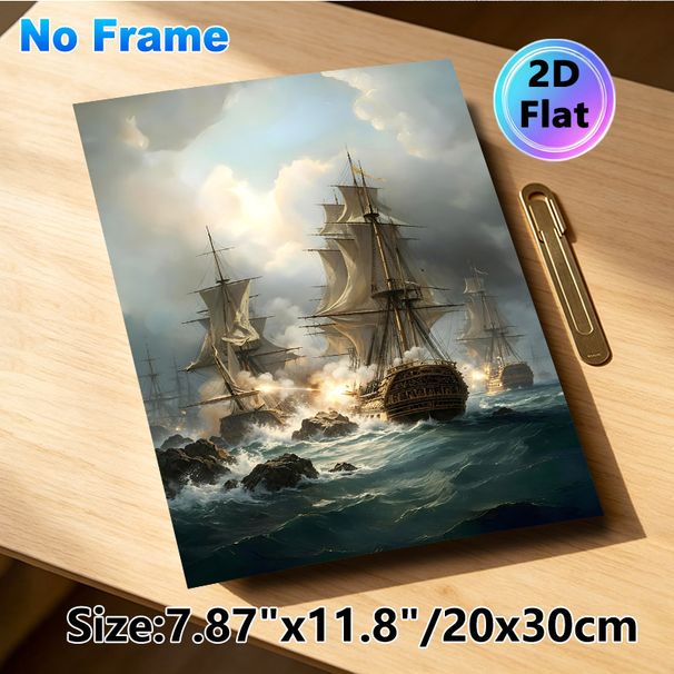 Naval Battle Painting Poster, Dramatic Realistic Vintage Warships Combat Scene Poster, Captivating Historical Nautical Decor For Home Office, Living_maomaolike.com
