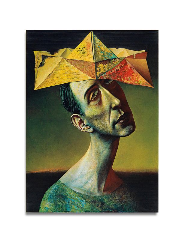 Surrealist-style Figures, Stream-of-consciousness Expression, Realist Techniques, Geometric Origami Structures, Abstract Geometry, Absurd Aesthetics_maomaolike.com