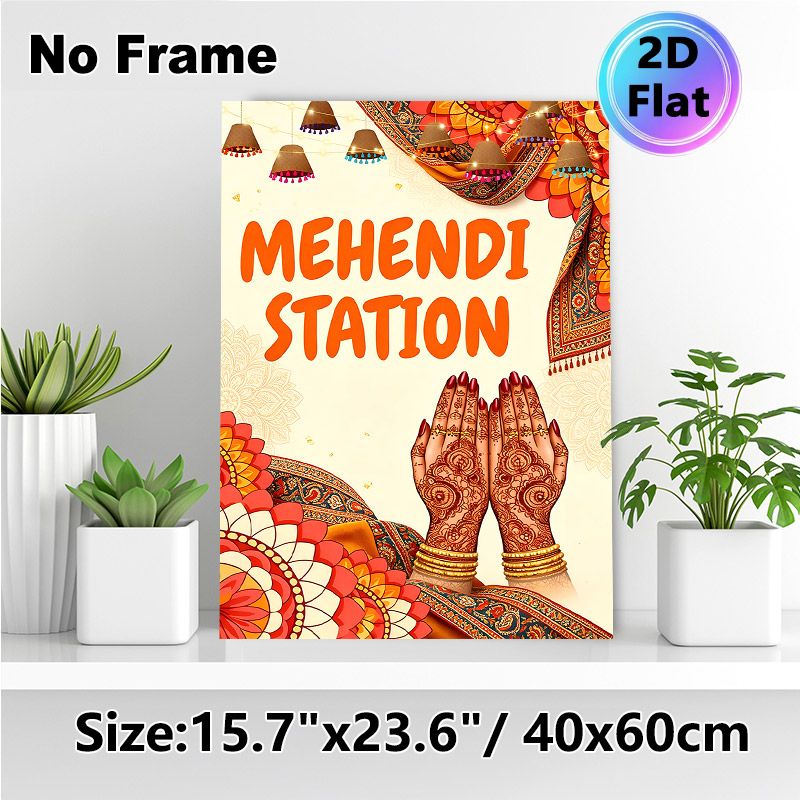 Mehendi Station Painting Poster, Vibrant Ethnic Indian Style Poster, Features Intricate Henna Hands, Festive Lanterns & Traditional Motifs, Brings_maomaolike.com