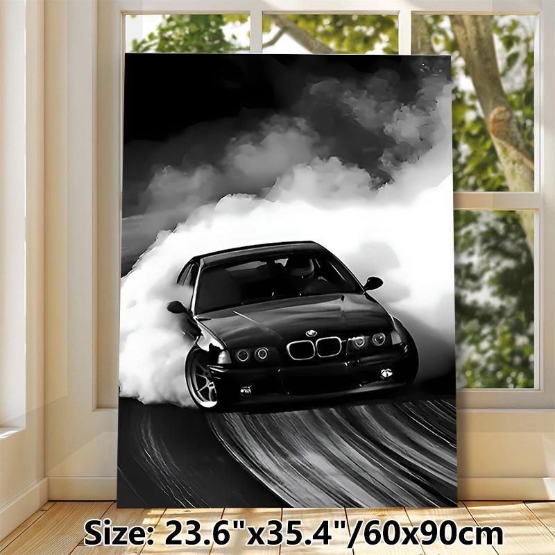 Drift Car Painting Poster, Monochrome Dynamic Drifting Car Scene Poster, Sleek Black Auto With Dramatic Smoke Effect, Ideal For Garage, Man Cave Or_maomaolike.com