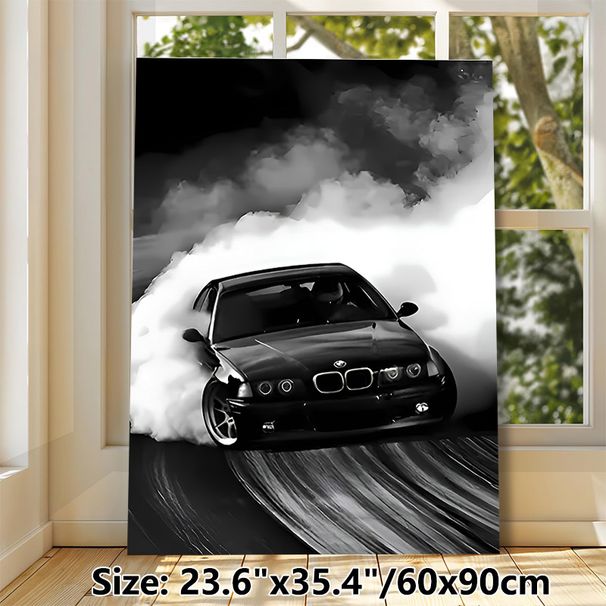 Drift Car Painting Poster, Monochrome Dynamic Drifting Car Scene Poster, Sleek Black Auto With Dramatic Smoke Effect, Ideal For Garage, Man Cave Or_maomaolike.com
