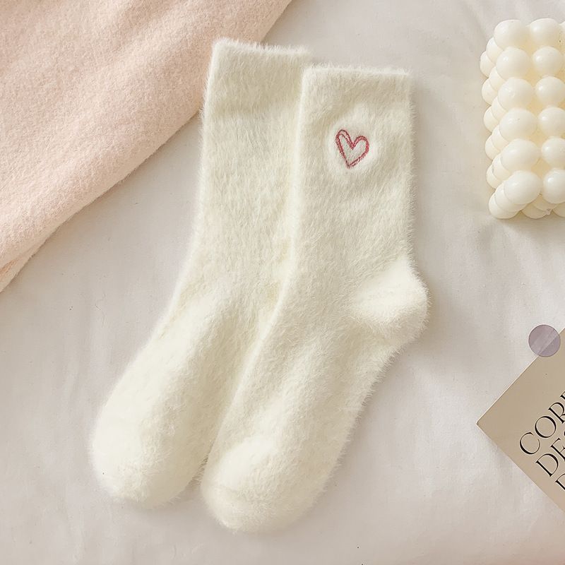 White socks for women autumn and winter warm mink fleece sleep home socks embroidery cute girl winter female long socks_maomaolike.com
