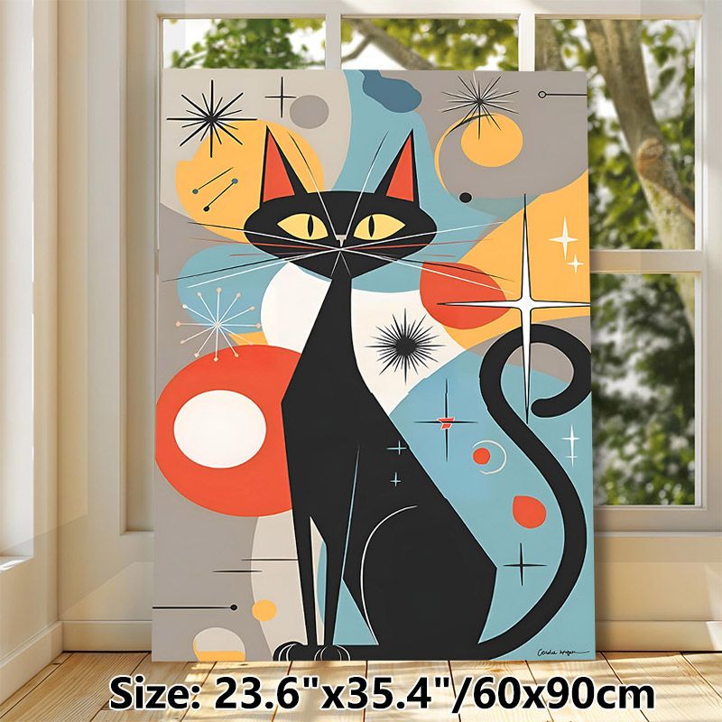 Mid-Century Modern Black Cat Painting Poster, Vibrant Retro Geometric Abstract Cat Poster, Stylish Starburst & Color-blocked Design Adds Artistic_maomaolike.com