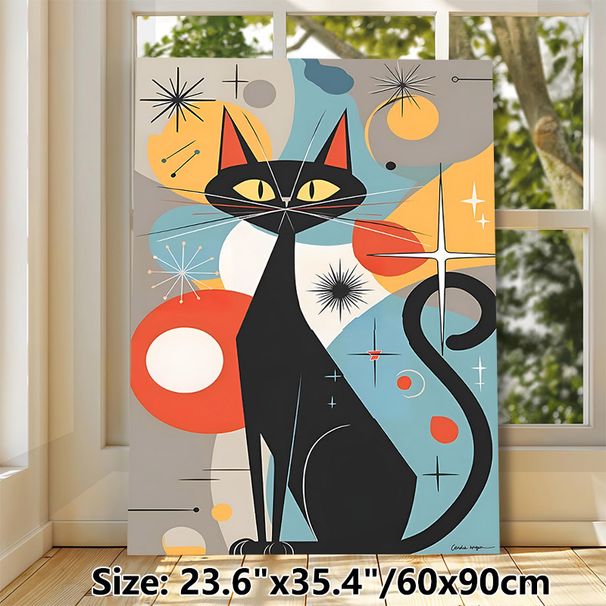 Mid-Century Modern Black Cat Painting Poster, Vibrant Retro Geometric Abstract Cat Poster, Stylish Starburst & Color-blocked Design Adds Artistic_maomaolike.com