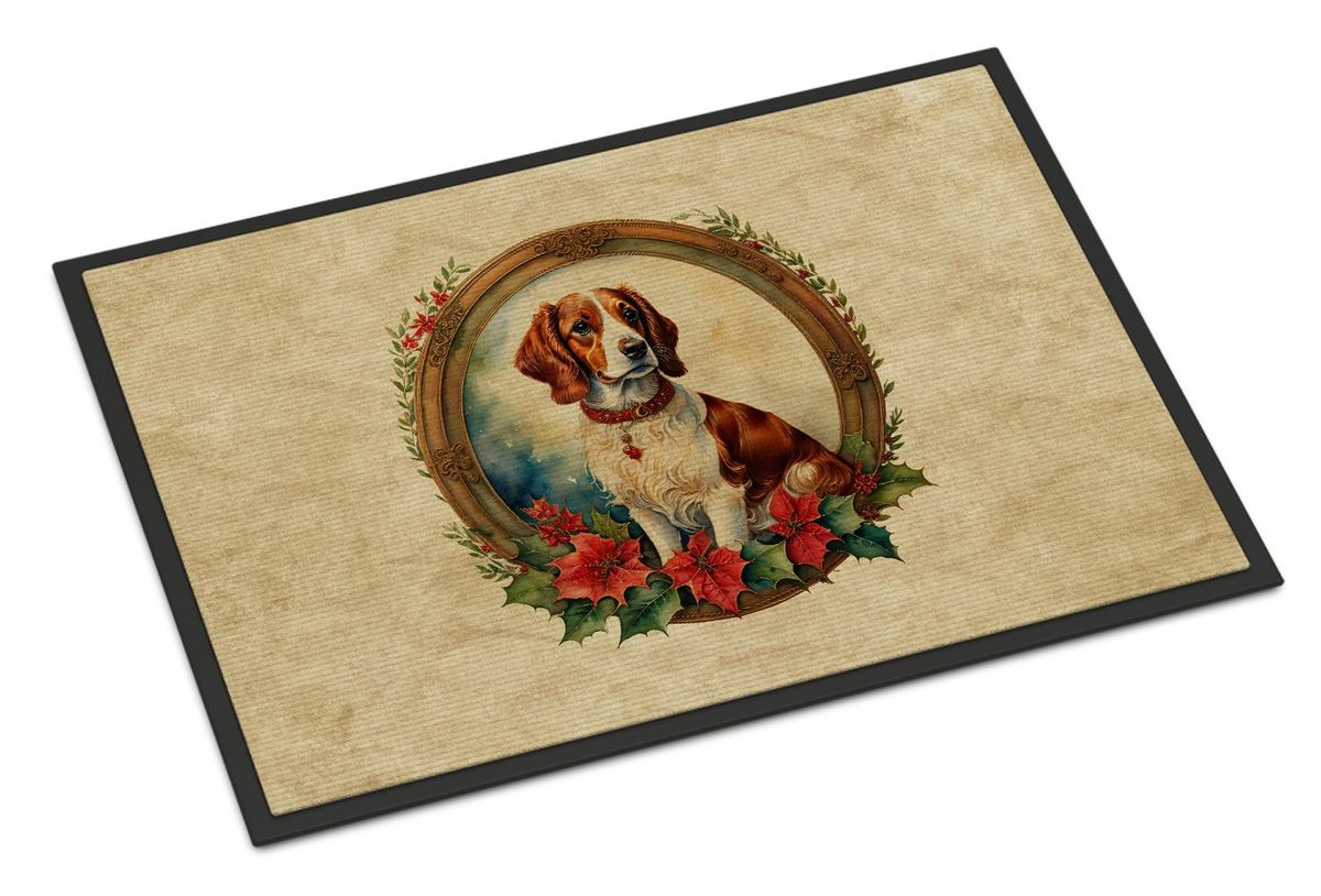 Brittany Spaniel Christmas Flowers Doormat Front Door Mat Indoor Outdoor Rugs For Entryway, Non Slip Washable Low Pile, 24H X 36W_maomaolike.com