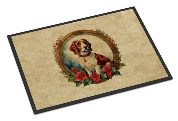 Brittany Spaniel Christmas Flowers Doormat Front Door Mat Indoor Outdoor Rugs For Entryway, Non Slip Washable Low Pile, 24H X 36W_maomaolike.com