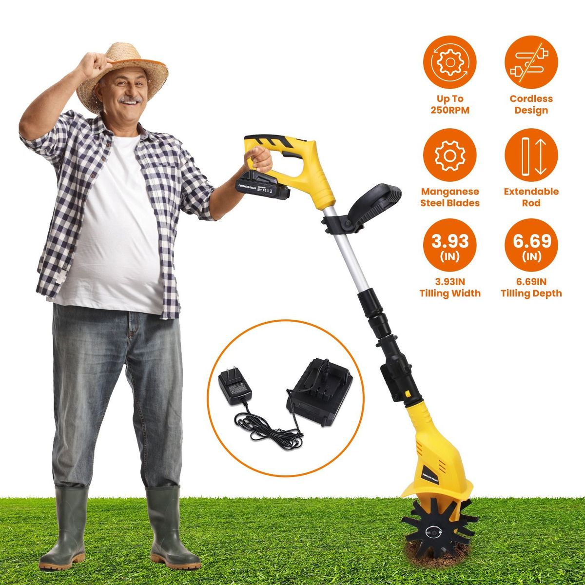 20V Cordless Tiller Cultivator, 250RPM Electric Garden Tiller Depth Garden Rototiller For Lawn/Gardening/Soil Cultivation_maomaolike.com