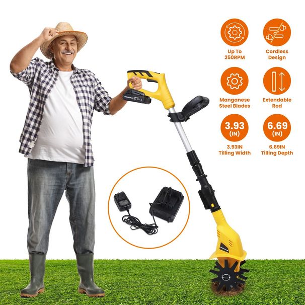 20V Cordless Tiller Cultivator, 250RPM Electric Garden Tiller Depth Garden Rototiller For Lawn/Gardening/Soil Cultivation_maomaolike.com