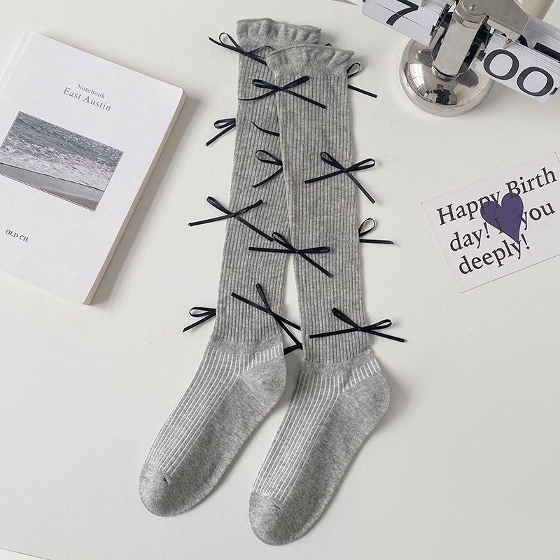 Unisex Solid color multi-bow ballet style calf socks Socks for women thin cute Lolita knee-length lace socks_maomaolike.com