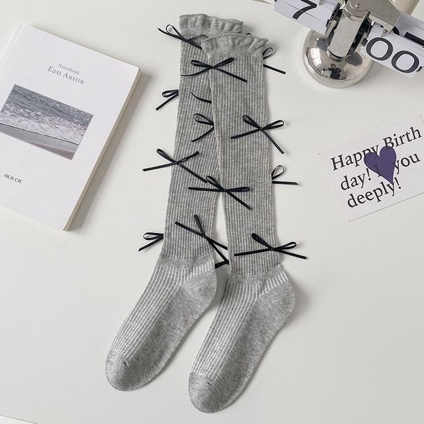 Unisex Solid color multi-bow ballet style calf socks Socks for women thin cute Lolita knee-length lace socks_maomaolike.com