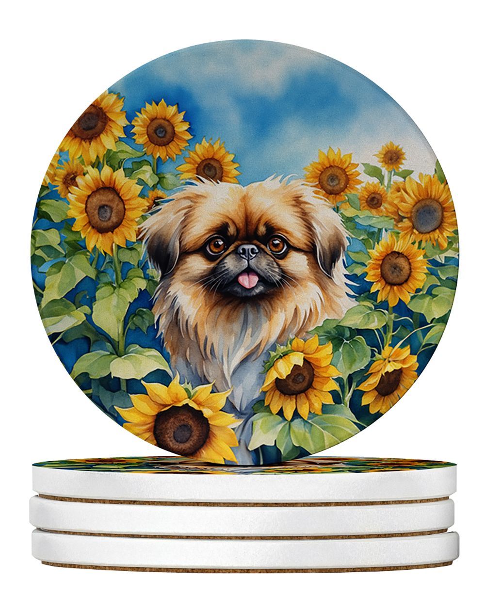 Pekingese In Sunflowers Large Sandstone Coasters Pack Of 4 Absorbent Round Coasters Decor Gifts For Men Or Women, 4 In, Multicolor_maomaolike.com