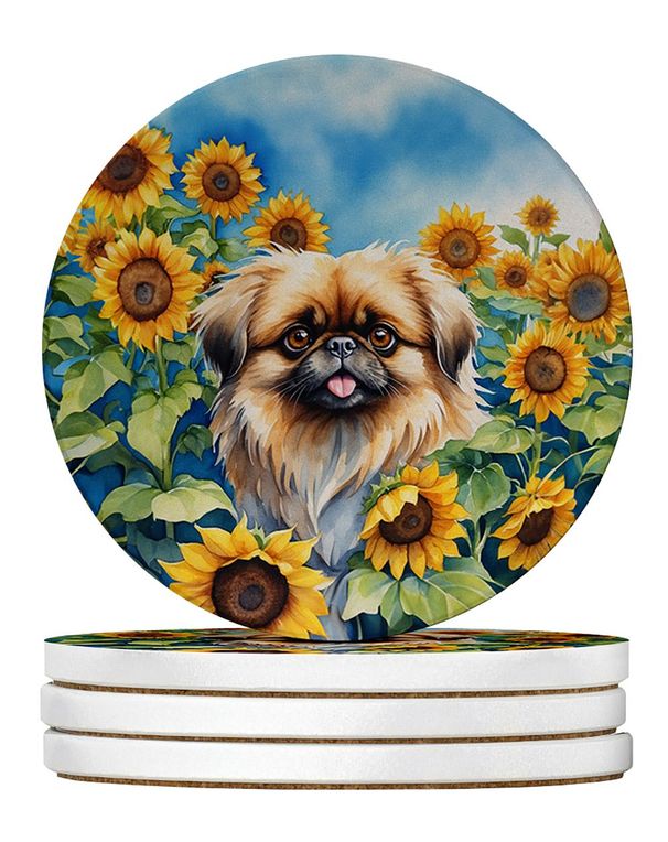 Pekingese In Sunflowers Large Sandstone Coasters Pack Of 4 Absorbent Round Coasters Decor Gifts For Men Or Women, 4 In, Multicolor_maomaolike.com