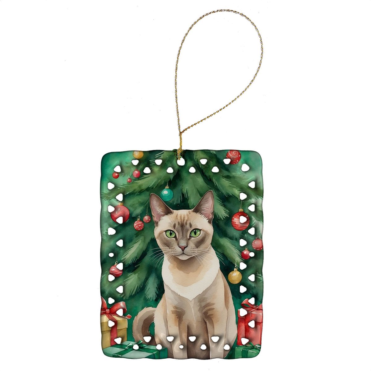 Tonkinese Cat By The Christmas Tree Porcelain Ornament Christmas Tree Hanging Decorations For Home Christmas Holiday, Rectangle, Gift, Multicolor_maomaolike.com