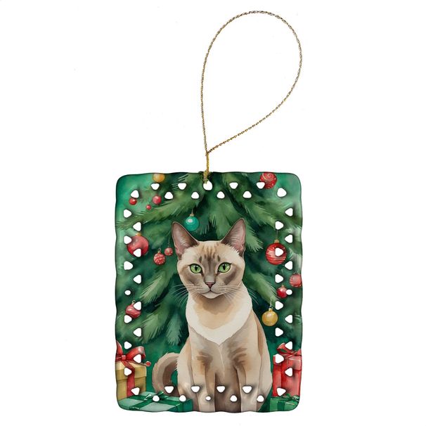 Tonkinese Cat By The Christmas Tree Porcelain Ornament Christmas Tree Hanging Decorations For Home Christmas Holiday, Rectangle, Gift, Multicolor_maomaolike.com