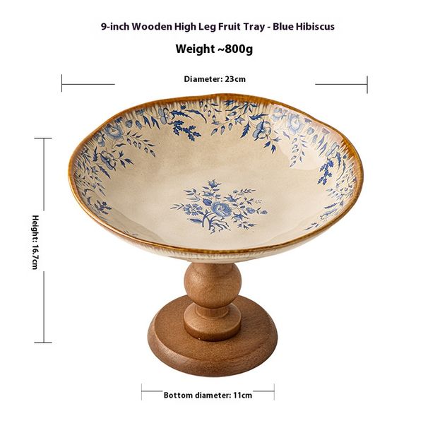 9-Inch Vintage Pedestal Fruit Bowl - Hand-Painted Blue Hibiscus Ceramic On Solid Wood Base, Elegant Serving Tray For_maomaolike.com