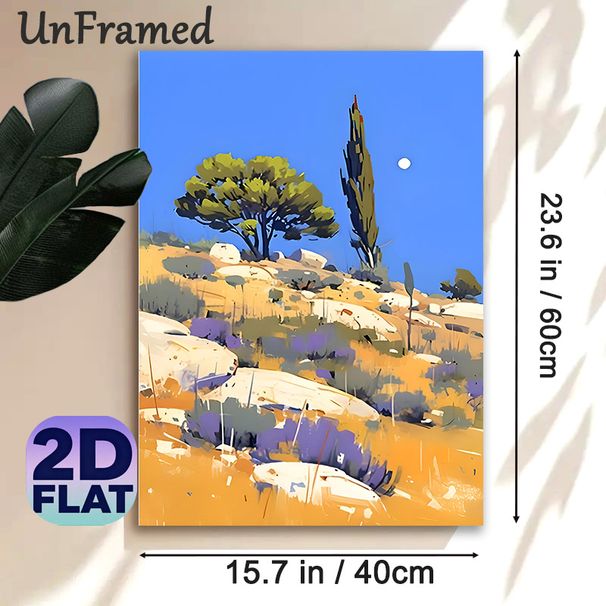 Mediterranean Hillside Painting Poster, Vibrant Stylized Scenery Poster, Sunny Hills With Trees And Rocks Design, Brings Serene Natural Atmosphere_maomaolike.com