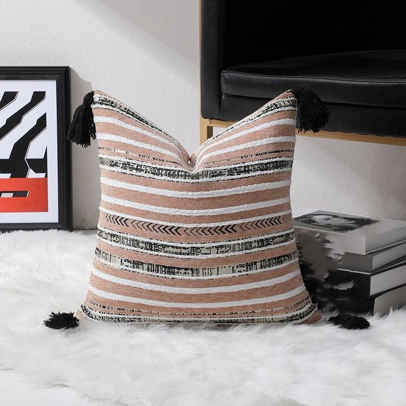 Home Furniture Chenille Yarn Dyed Jacquard Striped Geometric Tassel Pillow Pillowcase In Multiple Sizes_maomaolike.com