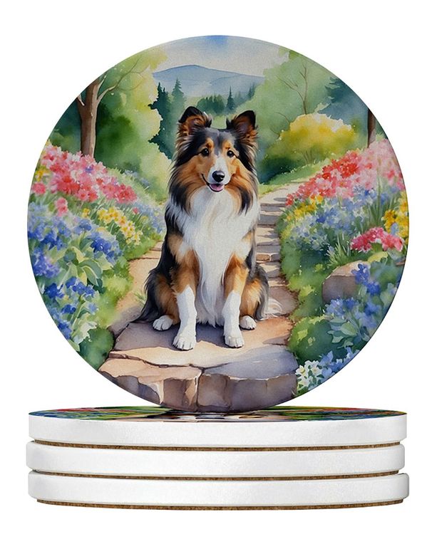 Sheltie Spring Path Large Sandstone Coasters Pack Of 4 Absorbent Round Coasters Decor Gifts For Men Or Women, 4 In, Multicolor_maomaolike.com