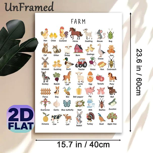 Farm Themed Painting Poster, Cute Cartoon Farm Elements Poster, Informative Design For Learning Farm-related Items, Ideal For Home, Study Area_maomaolike.com