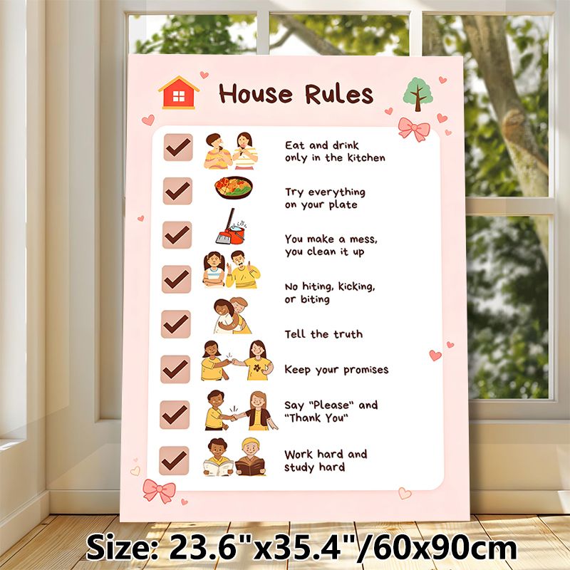 House Rules Painting Poster, Warm Cute Cartoon Style Poster, Clearly Lists Household Behavior Guidelines, Ideal For Home To Promote Positive Family_maomaolike.com
