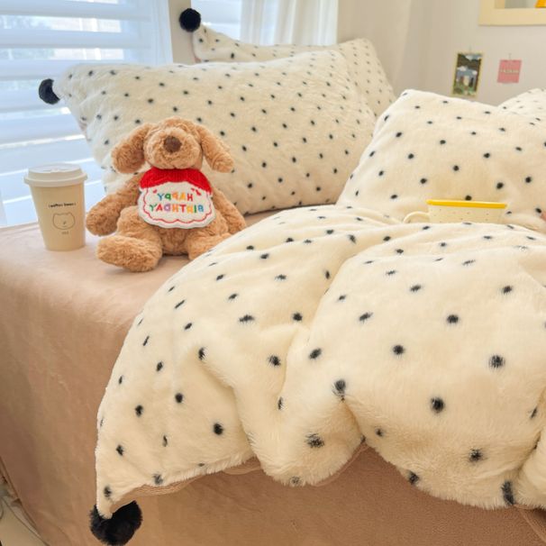 Wholesale Korean Style Rex Rabbit Fur Ball Cute Polka Dot Milk Four-Piece Autumn Winter Double-Sided Velvet Warm 4-Piece Set_maomaolike.com
