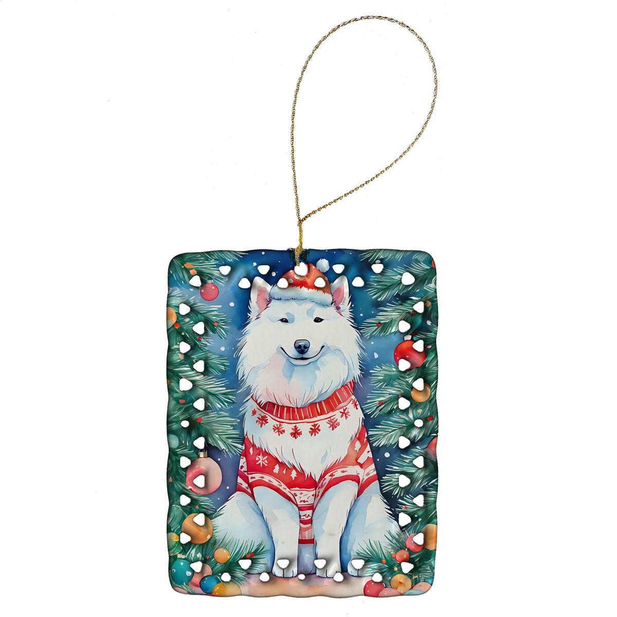 Samoyed Christmas Porcelain Ornament Christmas Tree Hanging Decorations For Home Christmas Holiday, Rectangle, Gift, Multicolor_maomaolike.com