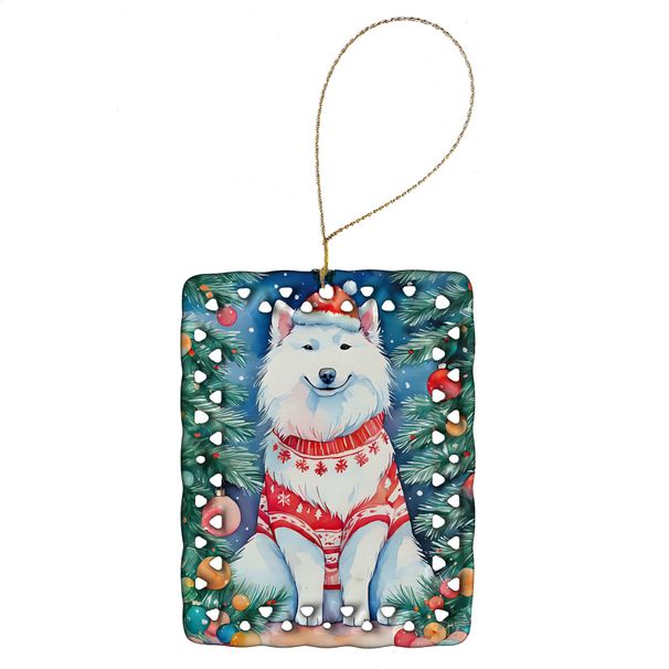 Samoyed Christmas Porcelain Ornament Christmas Tree Hanging Decorations For Home Christmas Holiday, Rectangle, Gift, Multicolor_maomaolike.com