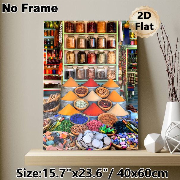 Spice Market Themed Painting Poster, Vibrant Colorful Exotic Market Scene Poster, Richly Detailed Design Ideal For Kitchen, Dining Room Decor_maomaolike.com