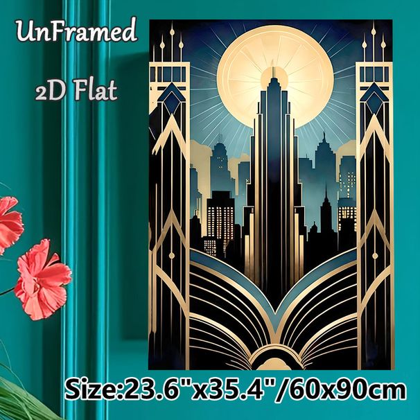 Art Deco City Skyline Painting Poster, Sophisticated Retro Art Deco Style Poster, Luminous Urban Skyscape With Geometric Borders, Elegant Wall Decor_maomaolike.com