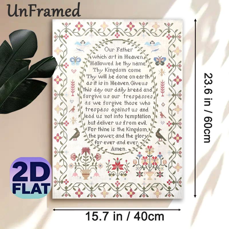 Lord's Prayer Painting Poster, Vintage Cross-stitch Style Floral & Bird Adorned Poster, Serene Religious Text Decor Suitable For Home Prayer Space_maomaolike.com