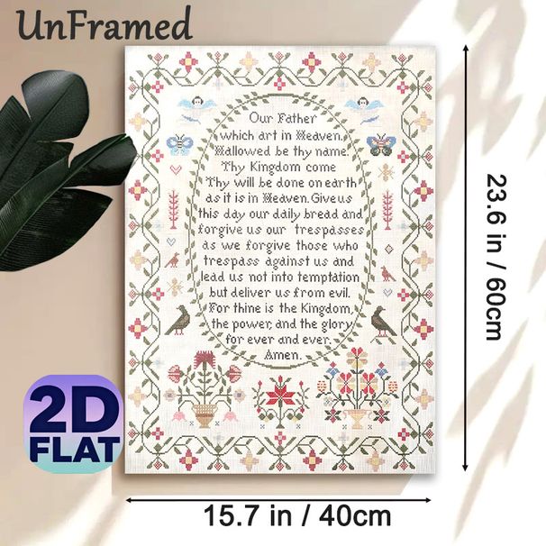 Lord's Prayer Painting Poster, Vintage Cross-stitch Style Floral & Bird Adorned Poster, Serene Religious Text Decor Suitable For Home Prayer Space_maomaolike.com