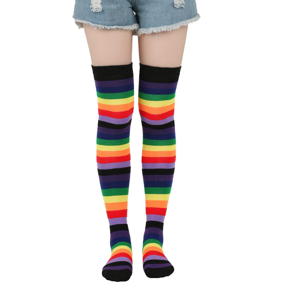 Unisex Rainbow striped socks Holiday party stockings Colorful over-the-knee stockings women's socks party stockings_maomaolike.com