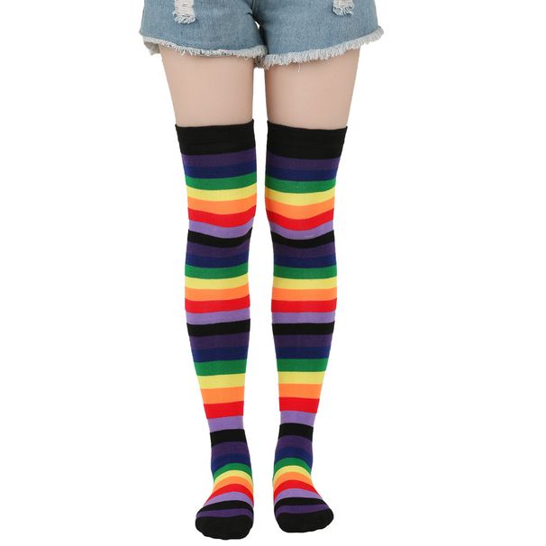 Unisex Rainbow striped socks Holiday party stockings Colorful over-the-knee stockings women's socks party stockings_maomaolike.com