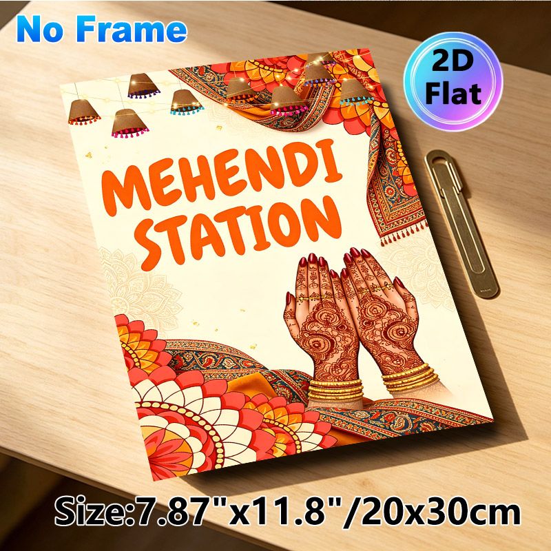 Mehendi Station Painting Poster, Vibrant Ethnic Indian Style Poster, Features Intricate Henna Hands, Festive Lanterns & Traditional Motifs, Brings_maomaolike.com