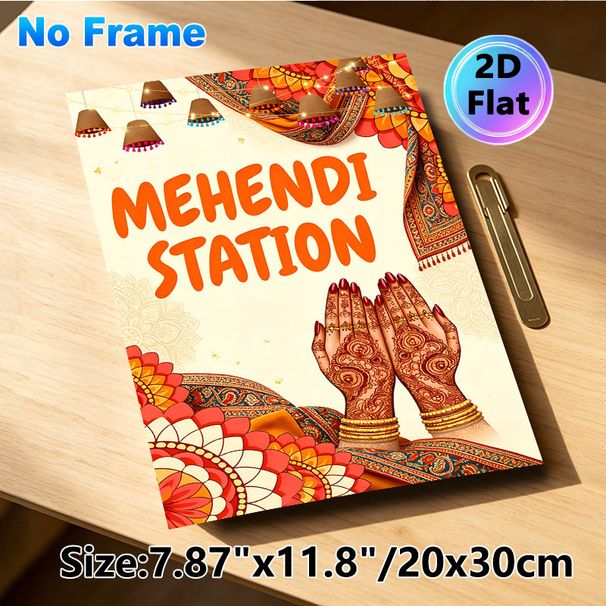 Mehendi Station Painting Poster, Vibrant Ethnic Indian Style Poster, Features Intricate Henna Hands, Festive Lanterns & Traditional Motifs, Brings_maomaolike.com