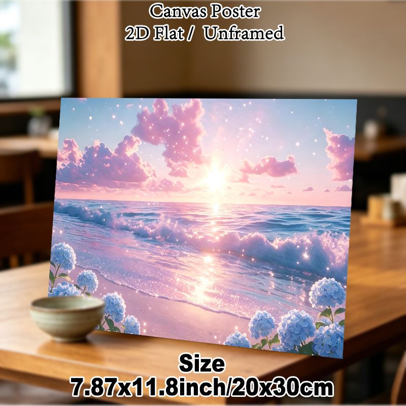 Pastel Coastal Sunset With Hydrangeas Painting Poster, Dreamy Glittery Seaside Scene Poster, Soft Calming Visual Ideal For Bedroom And Living Room_maomaolike.com