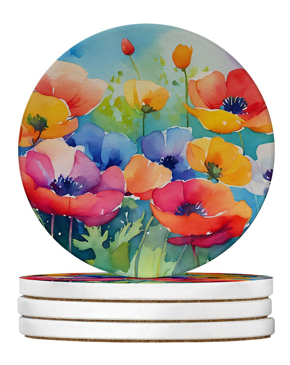 Anemones In Watercolor Large Sandstone Coasters Pack Of 4 Absorbent Round Coasters Decor Gifts For Men Or Women, 4 In, Multicolor_maomaolike.com