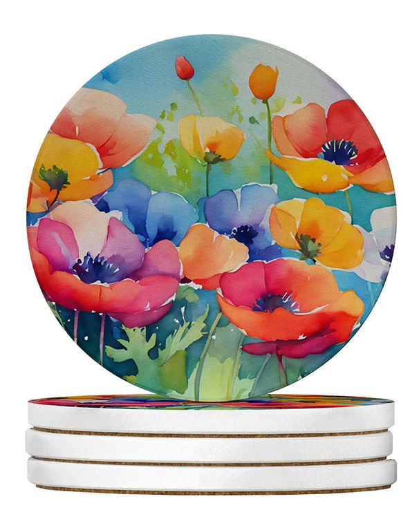 Anemones In Watercolor Large Sandstone Coasters Pack Of 4 Absorbent Round Coasters Decor Gifts For Men Or Women, 4 In, Multicolor_maomaolike.com