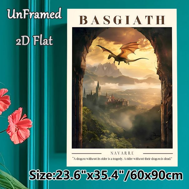 Basgiath Dragon Fantasy Painting Poster, Atmospheric Sunset Castle & Mountain Landscape Poster, Enchanting Magical Design, Ideal For Home Decor, Study_maomaolike.com