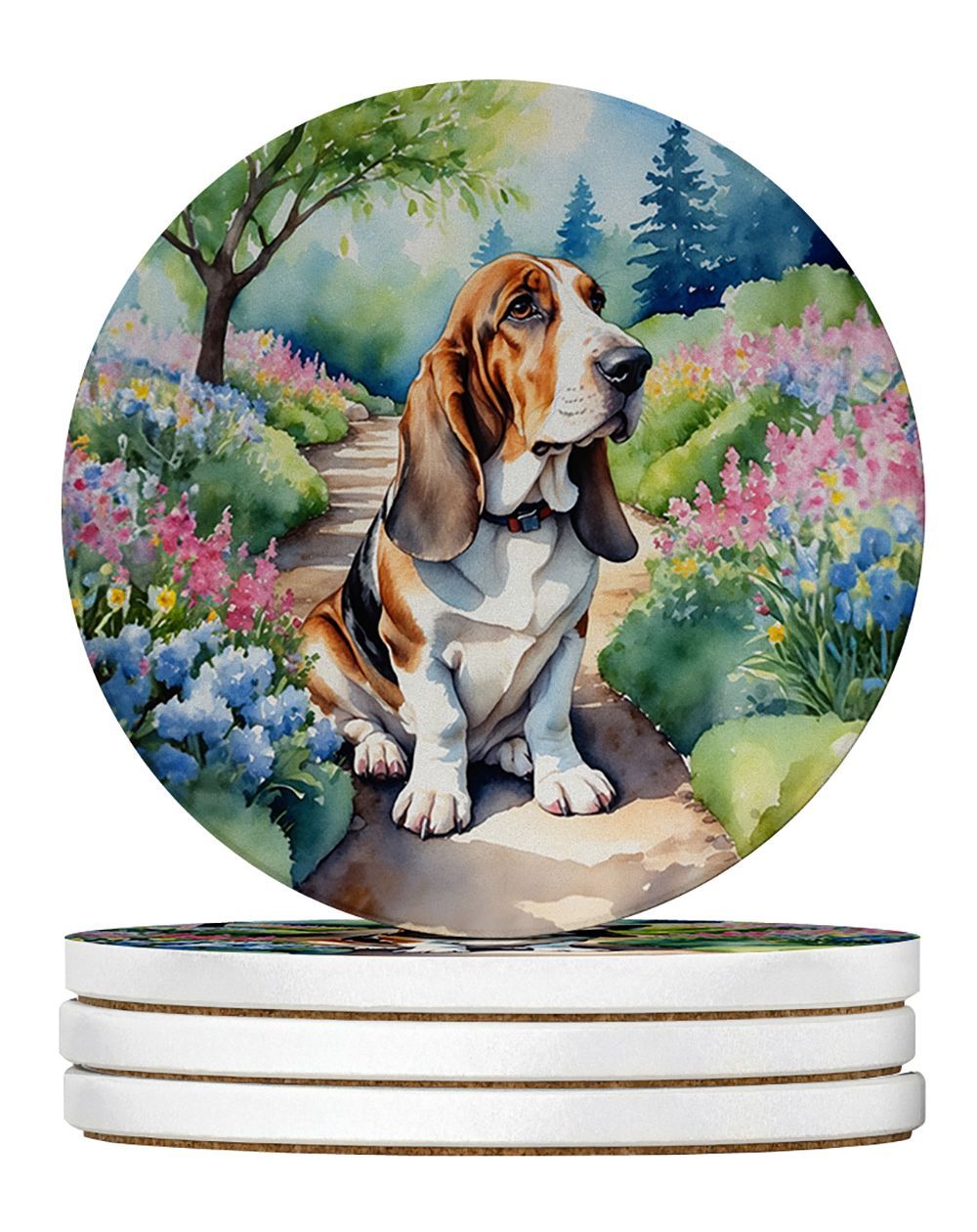 Basset Hound Spring Garden Large Sandstone Coasters Pack Of 4 Absorbent Round Coasters Decor Gifts For Men Or Women, 4 In, Multicolor_maomaolike.com