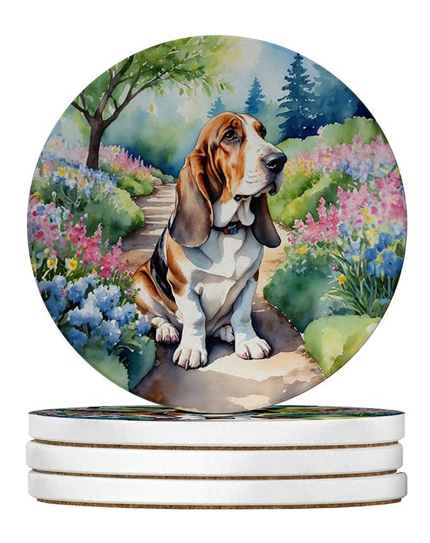 Basset Hound Spring Garden Large Sandstone Coasters Pack Of 4 Absorbent Round Coasters Decor Gifts For Men Or Women, 4 In, Multicolor_maomaolike.com