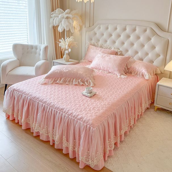 Simulated Silk Bedding Korean Style Princess Bed Skirt Four-Piece Set Lace Trim Solid Color Quilt Duvet Cover_maomaolike.com