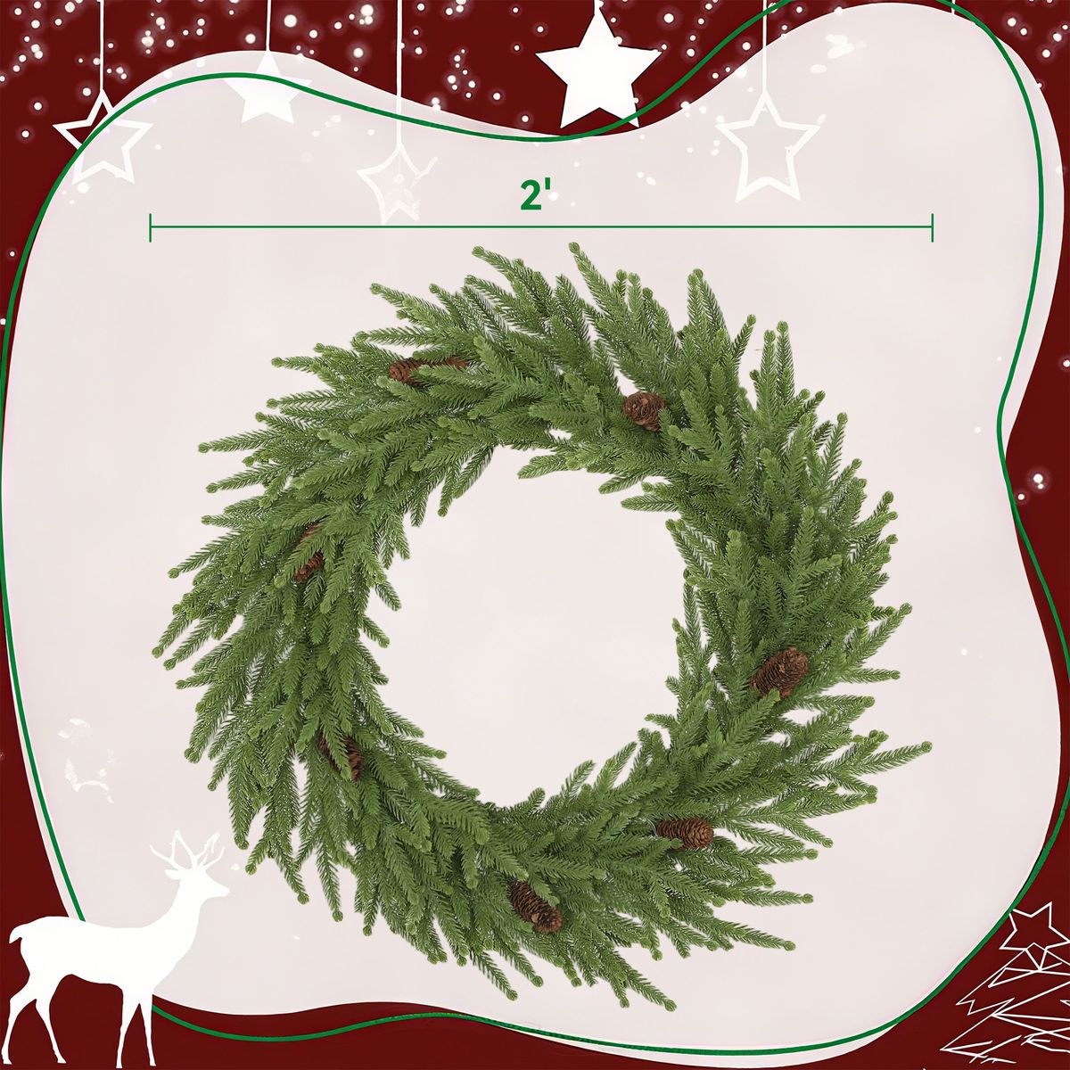 24 Inch Christmas Wreath, Artificial Norfolk Pine Wreath With Pine Cones And 88 Realistic Branches For Door, Wall_maomaolike.com