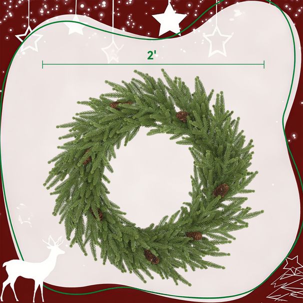24 Inch Christmas Wreath, Artificial Norfolk Pine Wreath With Pine Cones And 88 Realistic Branches For Door, Wall_maomaolike.com