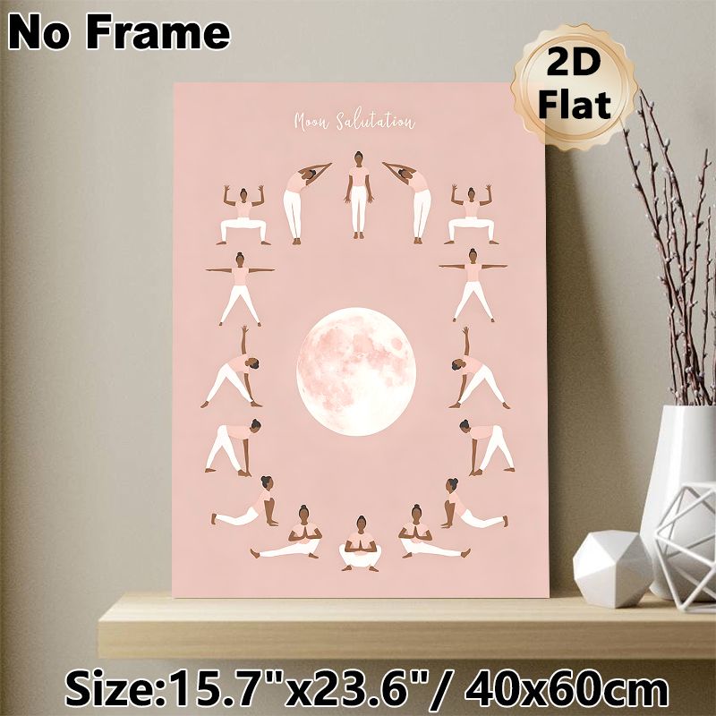 Moon Salutation Yoga Painting Poster, Soft-toned Minimalist Yoga Poses With Full Moon Poster, Guides Moon Salutation Practice, Ideal For Yoga Studio_maomaolike.com