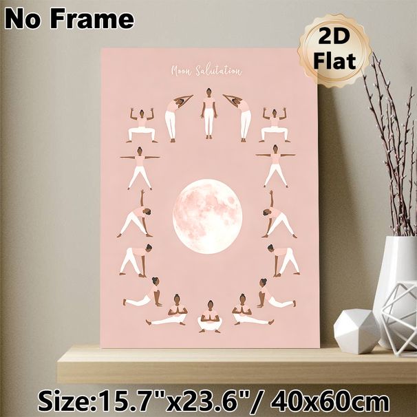 Moon Salutation Yoga Painting Poster, Soft-toned Minimalist Yoga Poses With Full Moon Poster, Guides Moon Salutation Practice, Ideal For Yoga Studio_maomaolike.com