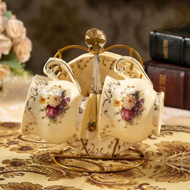 Tea Cups And Saucers Set Of 2, Vintage Floral Porcelain Tea Cups With Golden Holder- 8 Oz_maomaolike.com